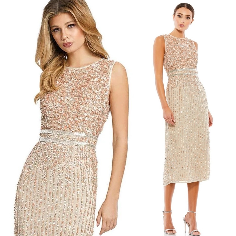 Mac Duggal Rose Gold Sequin Midi Dress